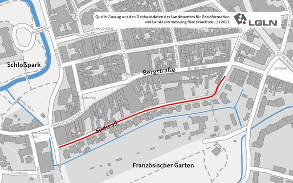 Die Karte zeigt einen Ausschnitt der Altstadt in Celle mit der Lage der Straßensperrung im Südwall.