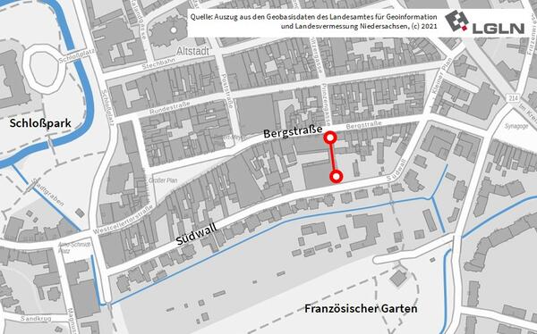 Die Karte zeigt einen Ausschnitt der Altstadt Celles mit der Markierung der Straßensperrung der Heeringgasse aufgrund von Bauarbeiten.