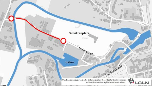 Die Karte zeigt, welcher Abschnitt der Hafenstraße ab Oktober 2021 für Baumaßnahmen gesperrt ist