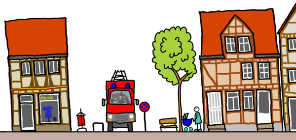 Die Zeichnung zeigt ein Feuerwehrauto auf der Straße zwischen Fachwerkhäusern.