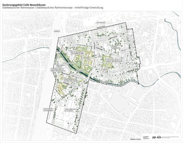 Rahmenplanentwurf Sanierungsgebiet Neuenhäusen: Räumliches Konzept (mittelfristige Entwicklung)