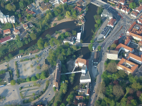 Luftbild der Rathsmühle und des Allerwehrs in Celle.