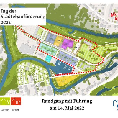 Plakat zum Tag der Städtebauförderung 2022 in Celle. Abgebildet ist ein Plan der Allerinsel mit dem geplanten Weg der Führung am 14. Mai.